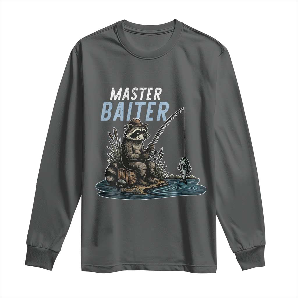 Funny Raccoon Fishing Long Sleeve Shirt Master Baiter Fisherman TS14 Dark Heather Print Your Wear