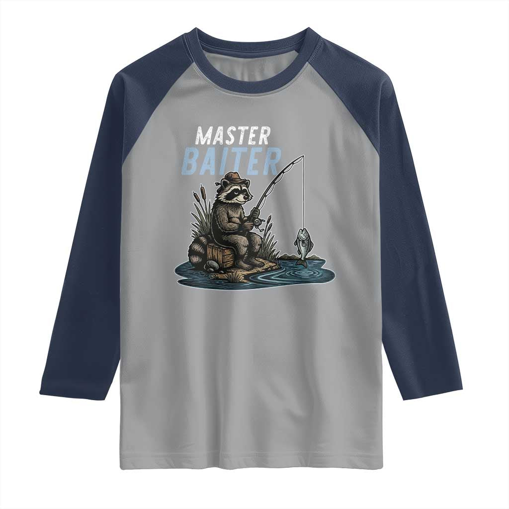 Funny Raccoon Fishing Raglan Shirt Master Baiter Fisherman TS14 Sport Gray Navy Print Your Wear