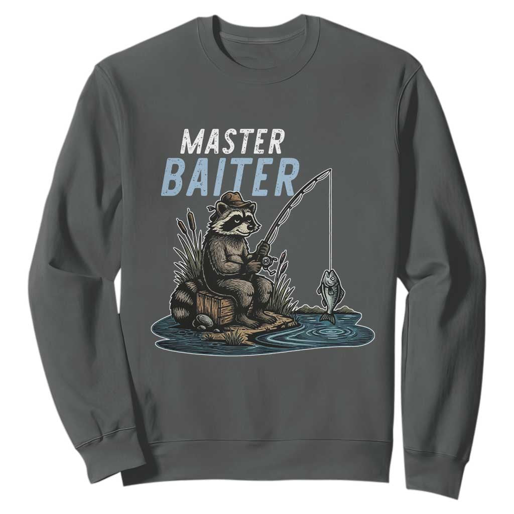 Funny Raccoon Fishing Sweatshirt Master Baiter Fisherman TS14 Dark Heather Print Your Wear