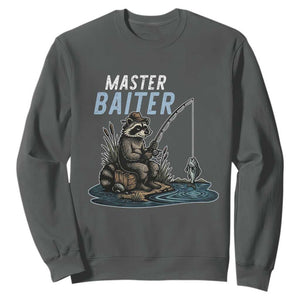 Funny Raccoon Fishing Sweatshirt Master Baiter Fisherman TS14 Dark Heather Print Your Wear