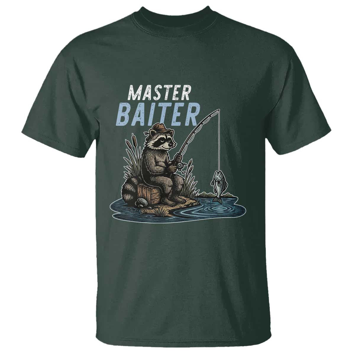 Funny Raccoon Fishing T Shirt Master Baiter Fisherman TS14 Dark Forest Green Print Your Wear