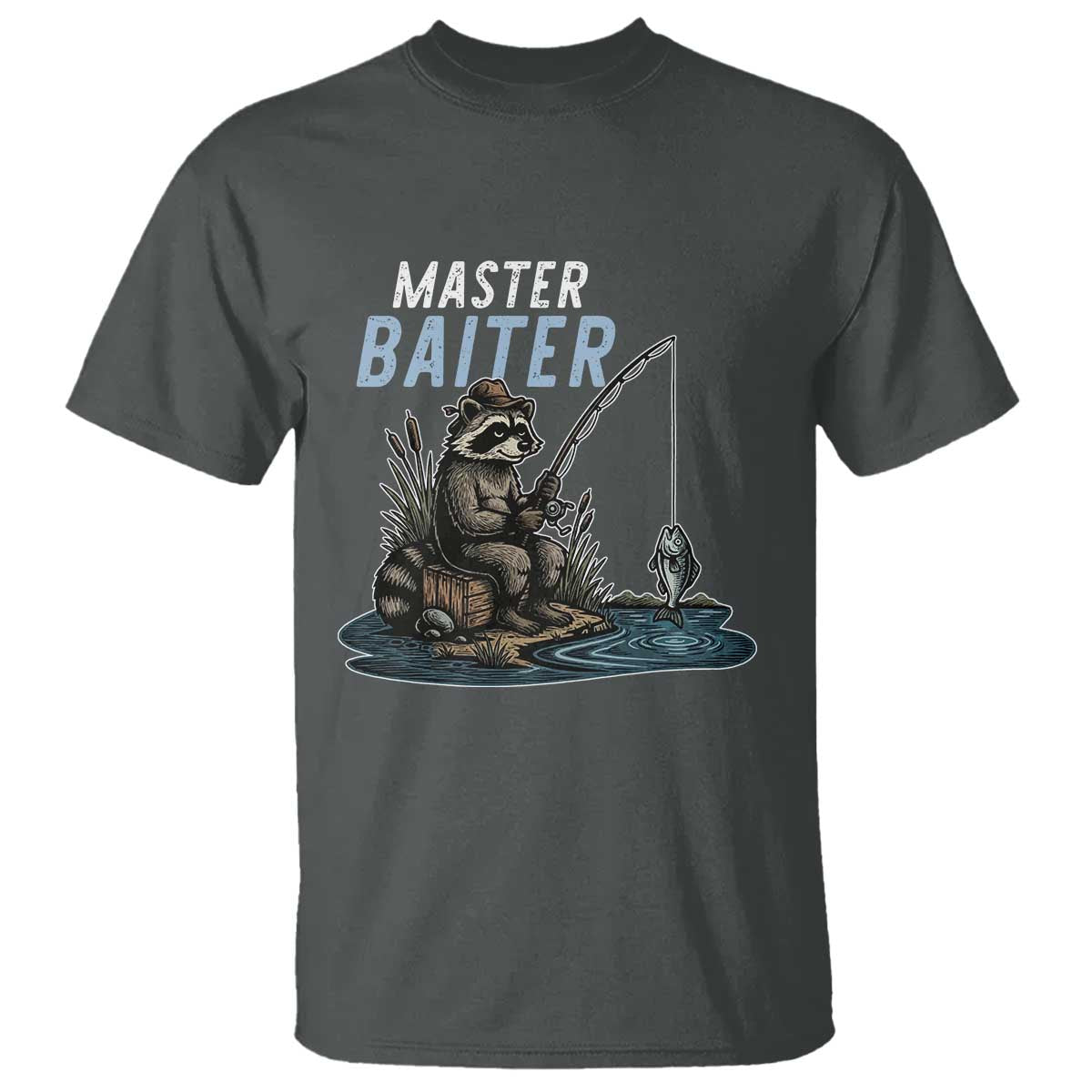 Funny Raccoon Fishing T Shirt Master Baiter Fisherman TS14 Dark Heather Print Your Wear