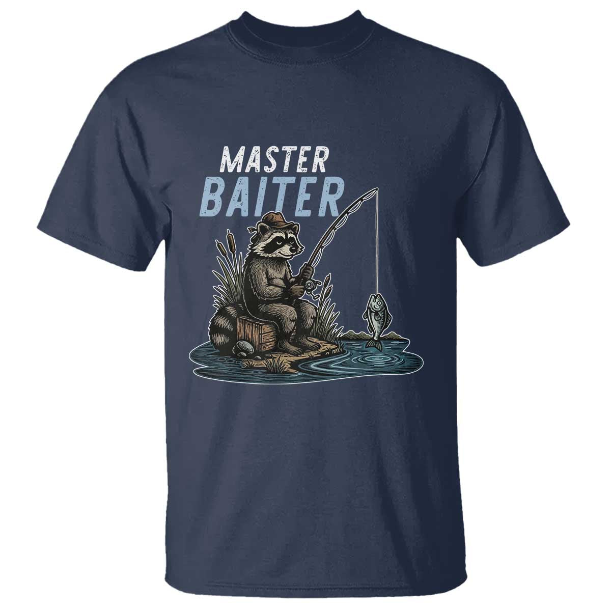 Funny Raccoon Fishing T Shirt Master Baiter Fisherman TS14 Navy Print Your Wear