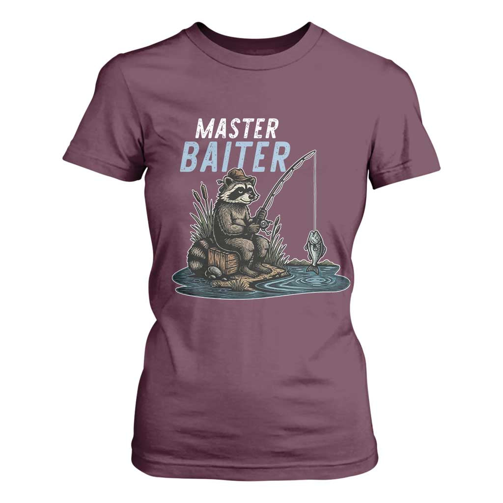 Funny Raccoon Fishing T Shirt For Women Master Baiter Fisherman TS14 Maroon Print Your Wear