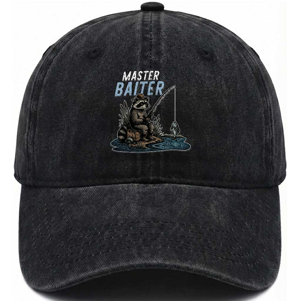 Funny Raccoon Fishing Washed Cotton Baseball Cap Master Baiter Fisherman TS14 Washed Cap Universal Fit Black Print Your Wear
