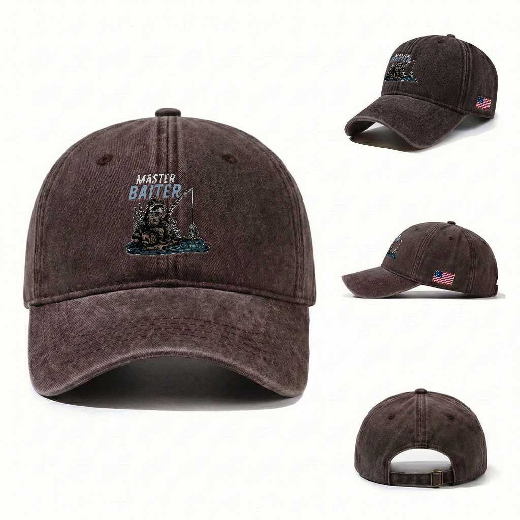 Funny Raccoon Fishing Washed Cotton Baseball Cap Master Baiter Fisherman TS14 Washed Cap Universal Fit Dark Brown Print Your Wear