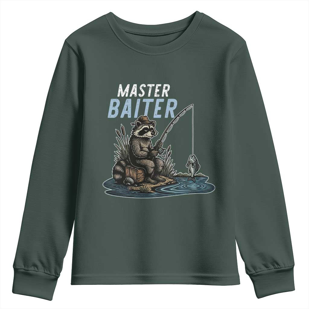 Funny Raccoon Fishing Youth Sweatshirt Master Baiter Fisherman TS14 Dark Forest Green Print Your Wear