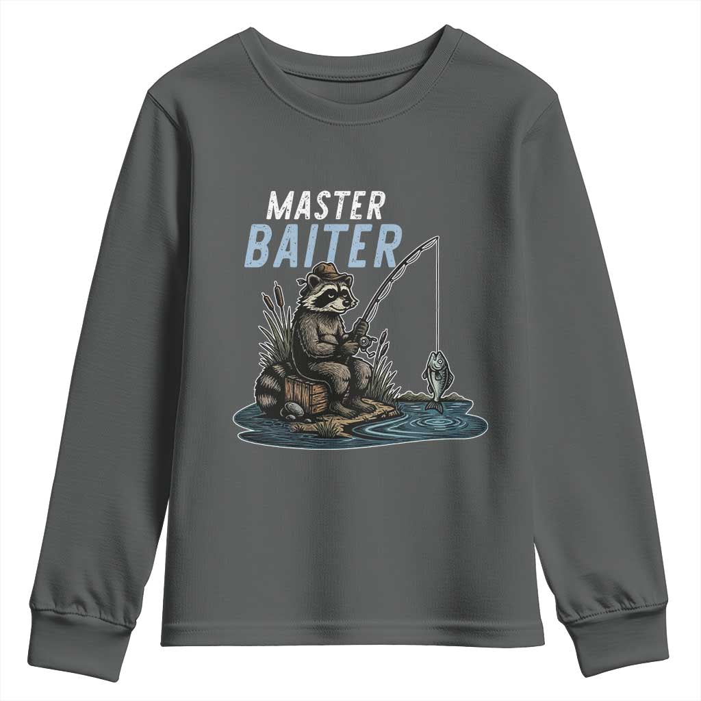 Funny Raccoon Fishing Youth Sweatshirt Master Baiter Fisherman TS14 Dark Heather Print Your Wear