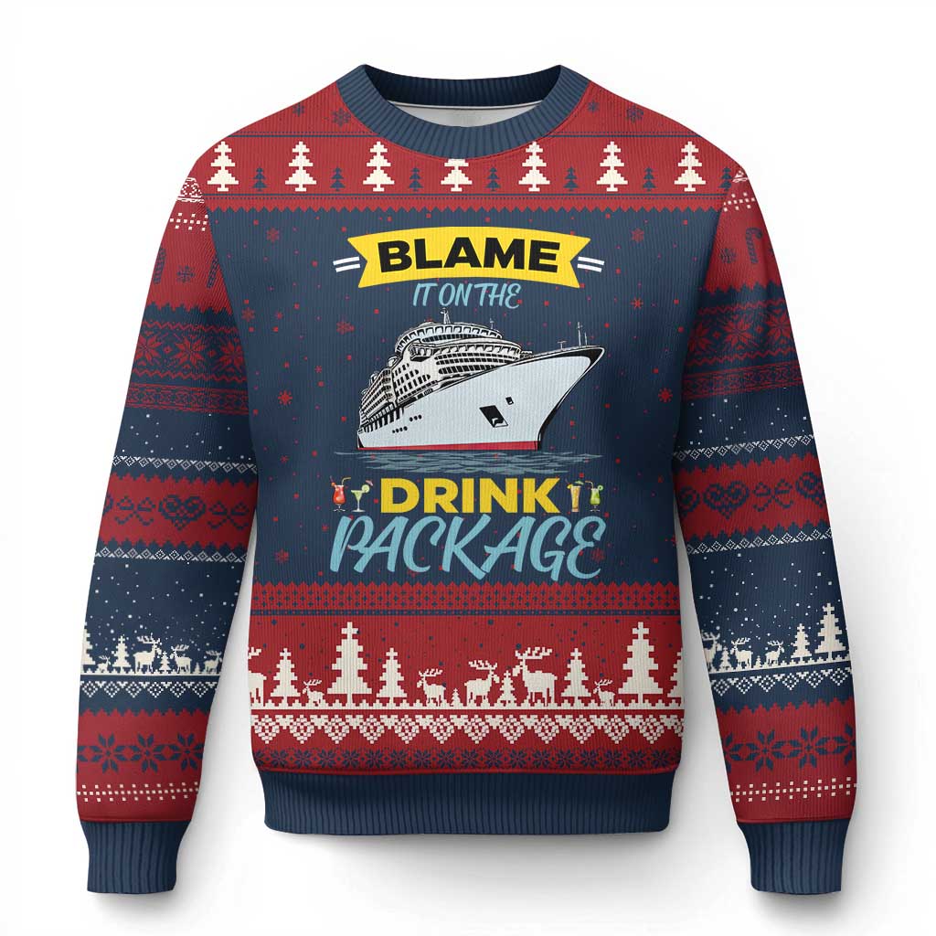 Funny Cruise Vacation Ugly Christmas Sweater Blame It On The Drink Package TS14 Navy Red Print Your Wear