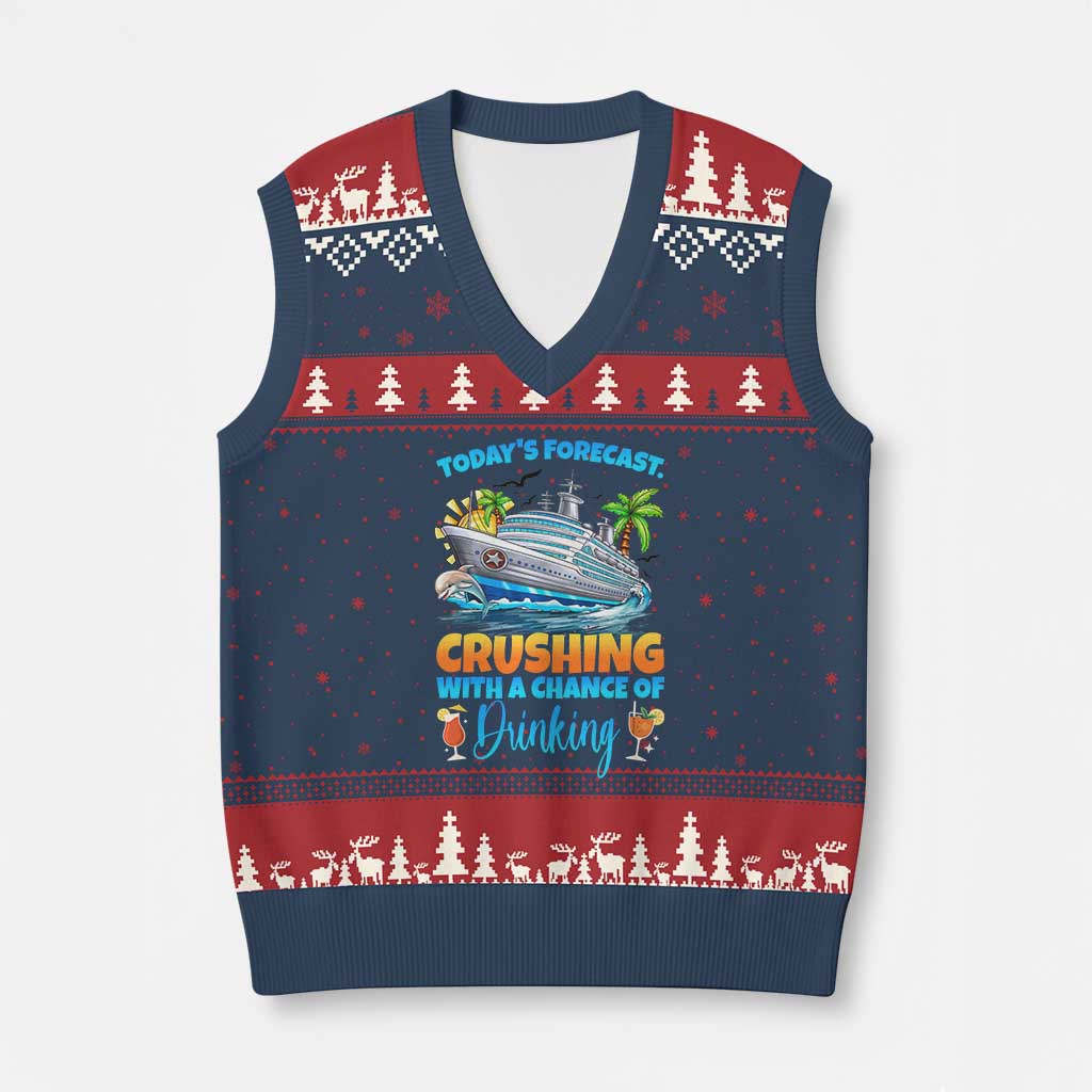 Funny Cruise Vacation Trip Drinking V-Neck Knit Sweater Vest Today Is Forecast Cruising With A Chance Of Drinking TS14 Navy Red Print Your Wear