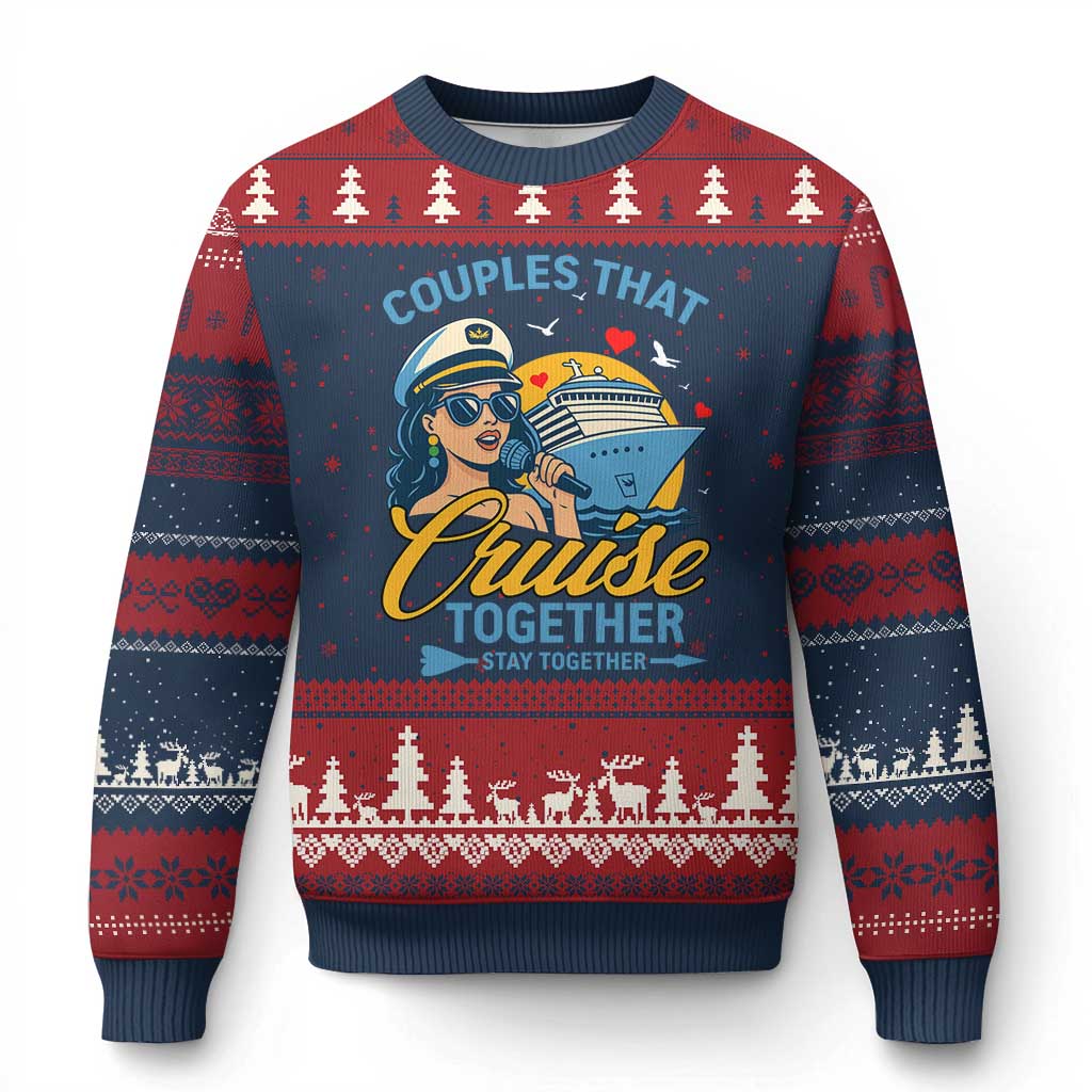 Couples That Cruise Together Stay Together Ugly Christmas Sweater Funny Cruising Couples TS14 Navy Red Print Your Wear