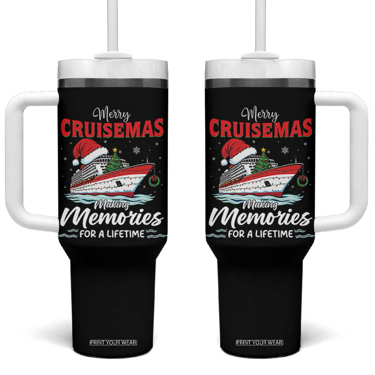 Christmas Cruise Tumbler With Handle Merry Cruisemas Making Memories For A Life Time TS14 One Size: 40 oz Black Print Your Wear