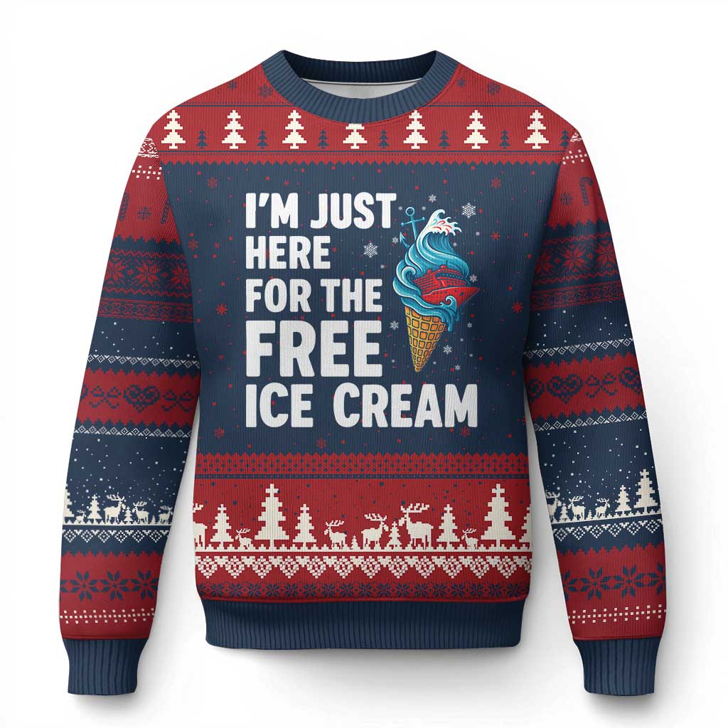 Funny Cruise Ugly Christmas Sweater I Am Just Here For The Free Ice Cream TS14 Navy Red Print Your Wear