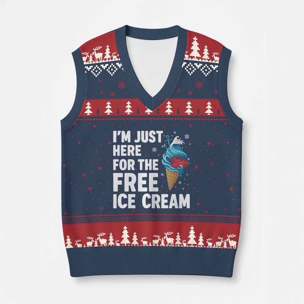 Funny Cruise V-Neck Knit Sweater Vest I Am Just Here For The Free Ice Cream TS14 Navy Red Print Your Wear