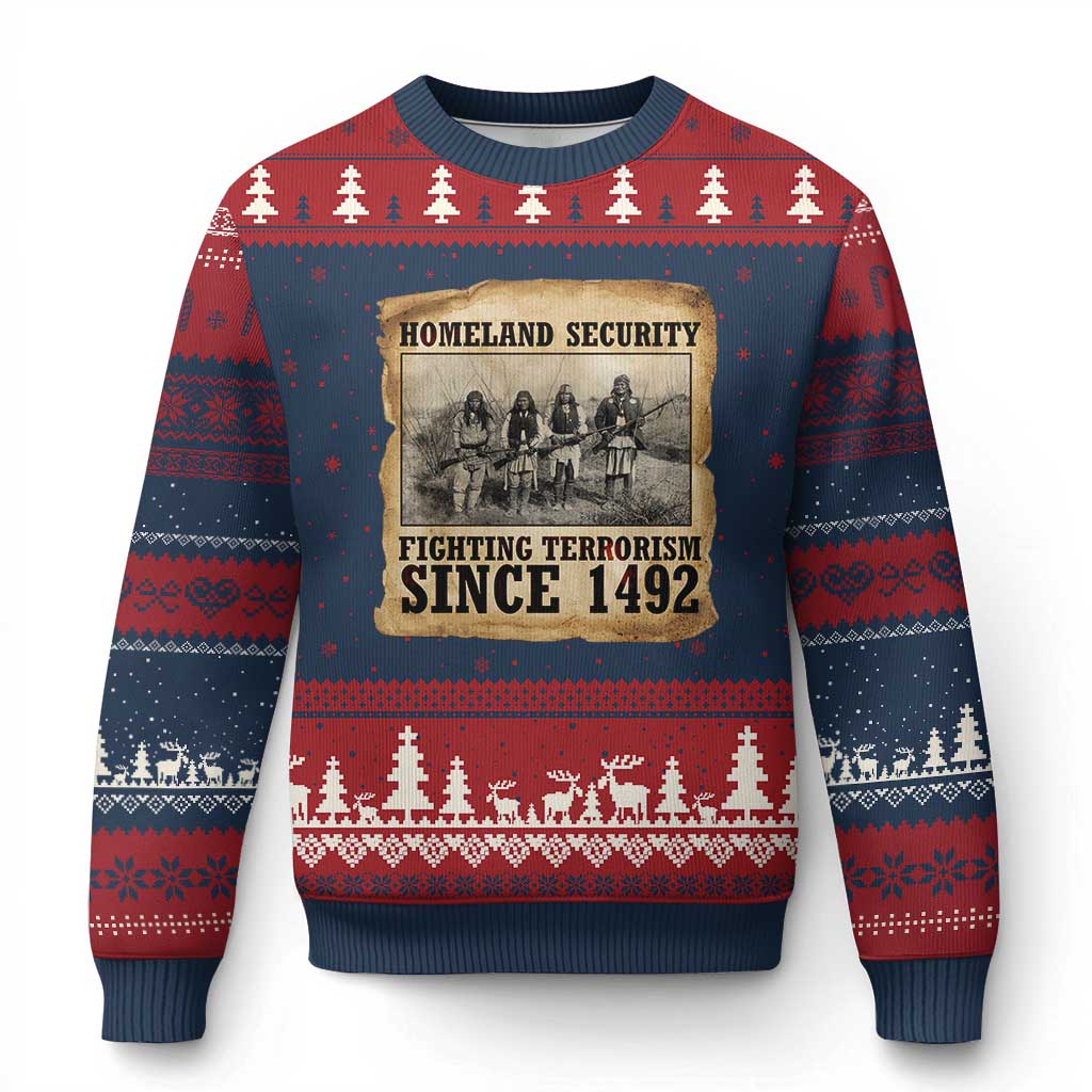 Homeland Security Fighting Terrorism Since 1492 Ugly Christmas Sweater Native American Indian TS14 Navy Red Print Your Wear