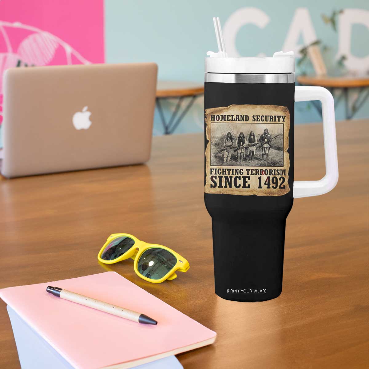 Homeland Security Fighting Terrorism Since 1492 Tumbler With Handle Native American Indian