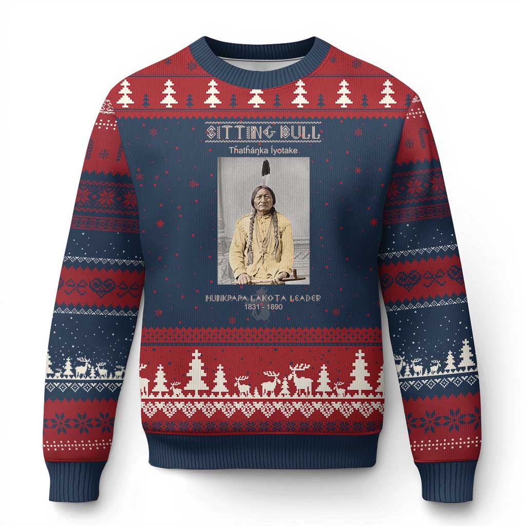Sitting Bull Lakota Sioux Chief American Indian History Ugly Christmas Sweater TS14 Navy Red Print Your Wear