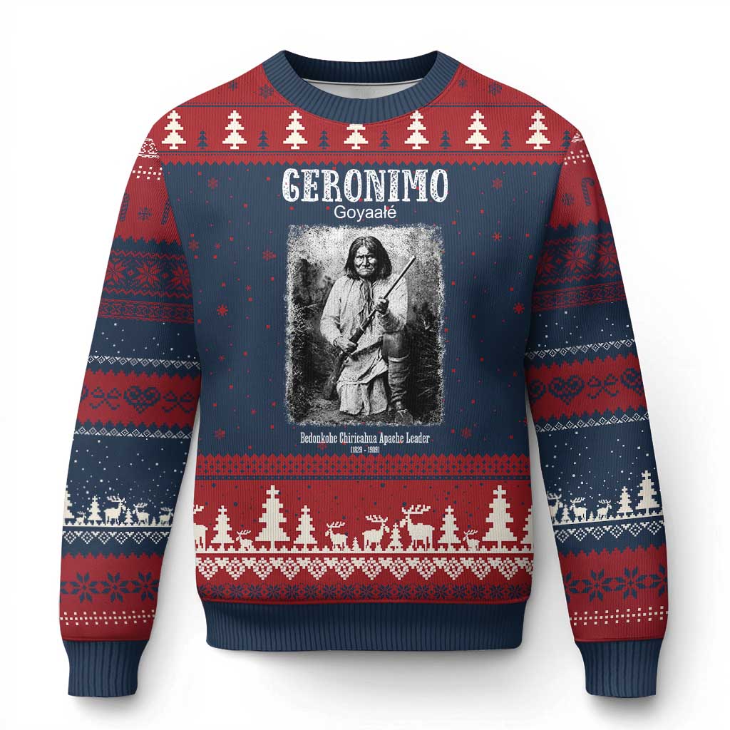 Geronimo Apache Leader American Indian History Ugly Christmas Sweater TS14 Navy Red Print Your Wear