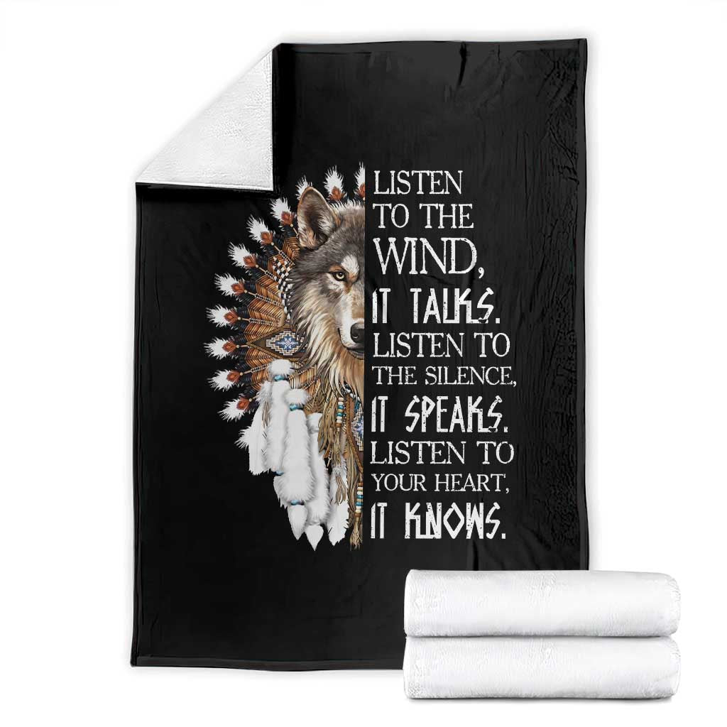 Native American Indian Wolf Saying Listen to The Wind Throw Blanket TS14 Black Print Your Wear