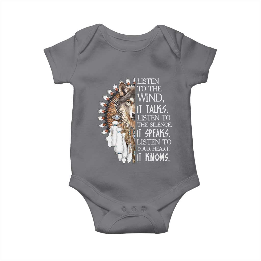 Native American Indian Wolf Saying Listen to The Wind Baby Onesie
