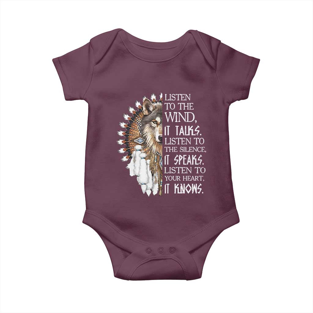 Native American Indian Wolf Saying Listen to The Wind Baby Onesie