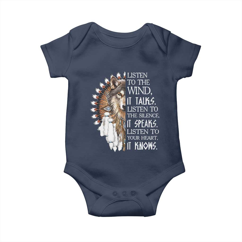 Native American Indian Wolf Saying Listen to The Wind Baby Onesie