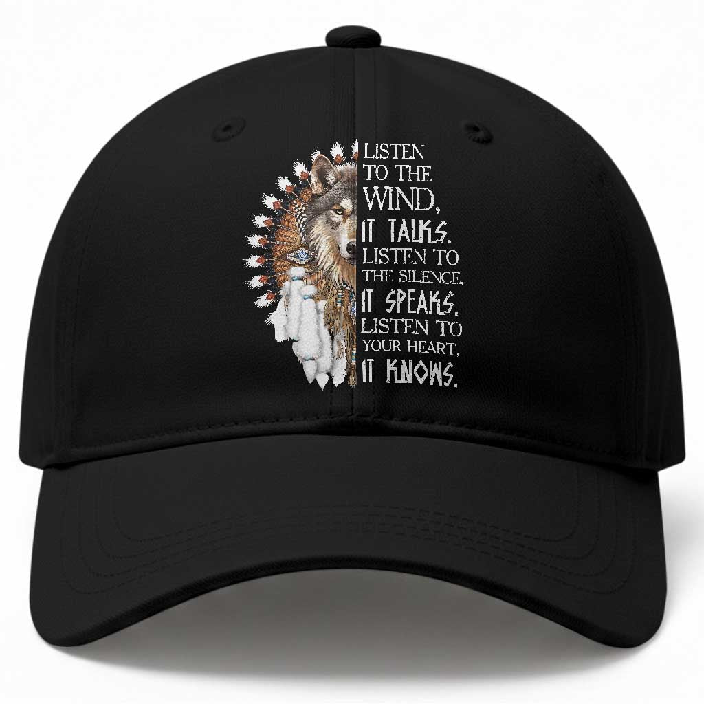 Native American Indian Wolf Saying Listen to The Wind Baseball Cap