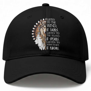 Native American Indian Wolf Saying Listen to The Wind Baseball Cap