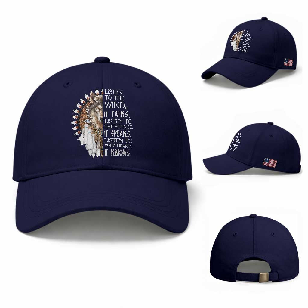 Native American Indian Wolf Saying Listen to The Wind Baseball Cap