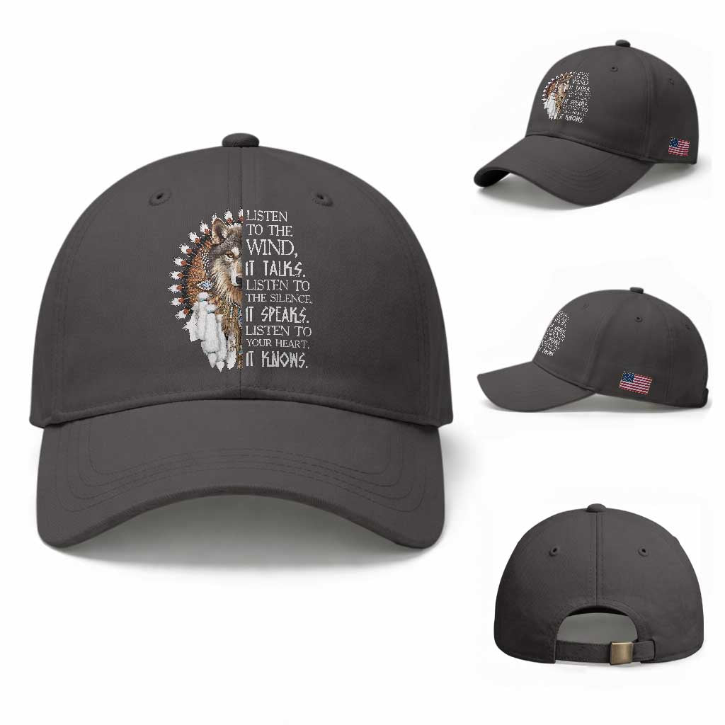 Native American Indian Wolf Saying Listen to The Wind Baseball Cap