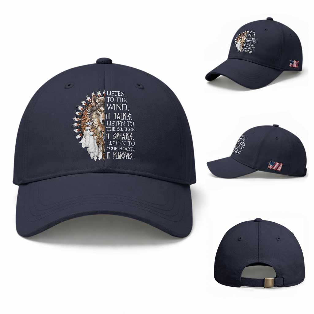 Native American Indian Wolf Saying Listen to The Wind Baseball Cap