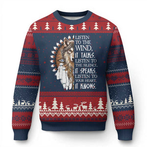 Native American Indian Wolf Saying Listen to The Wind Ugly Christmas Sweater