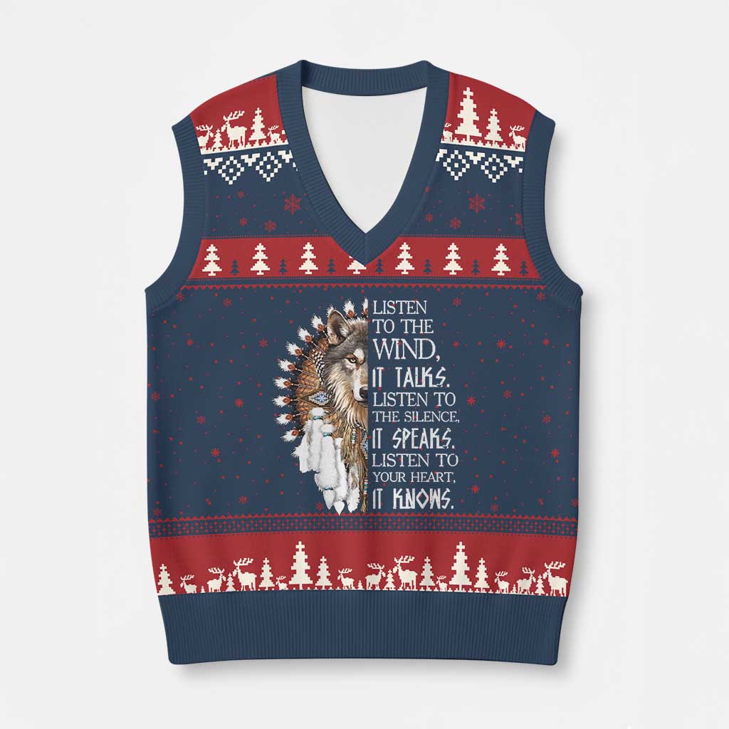 Native American Indian Wolf Saying Listen to The Wind V-Neck Knit Sweater Vest TS14 Navy Red Print Your Wear