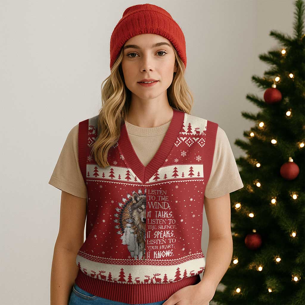 Native American Indian Wolf Saying Listen to The Wind V-Neck Knit Sweater Vest