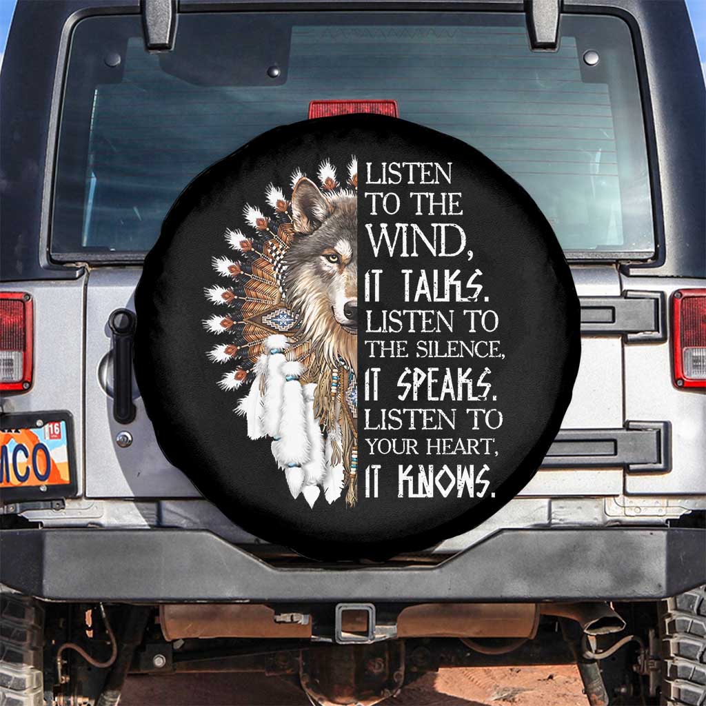 Native American Indian Wolf Saying Listen to The Wind Spare Tire Cover TS14 No hole Black Print Your Wear