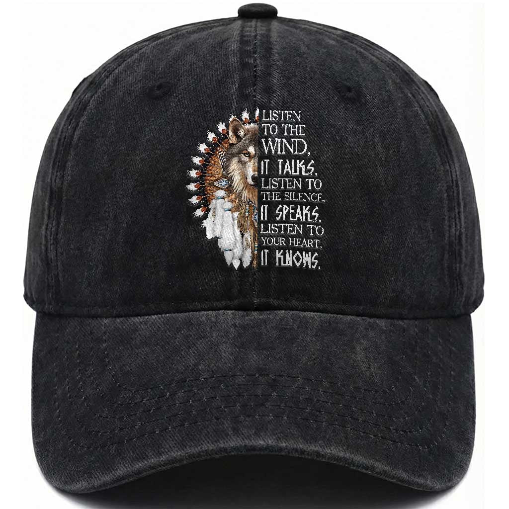 Native American Indian Wolf Saying Listen to The Wind Washed Cotton Baseball Cap