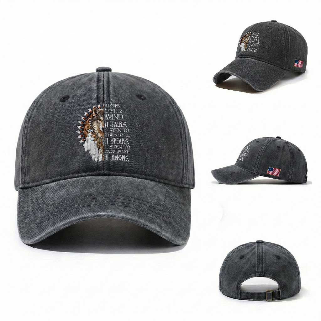 Native American Indian Wolf Saying Listen to The Wind Washed Cotton Baseball Cap