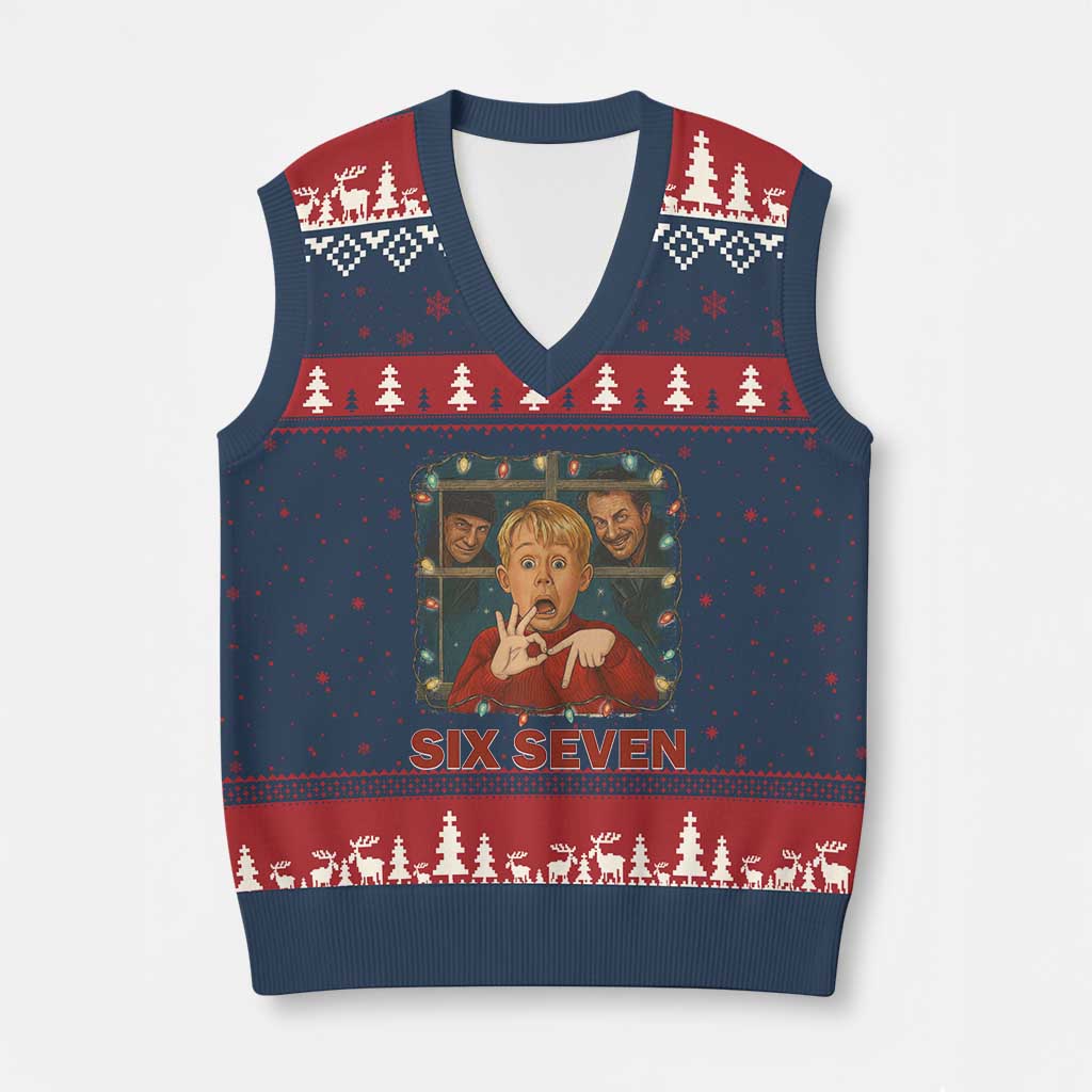67 Six Seven Xmas Meme V-Neck Knit Sweater Vest Funny Family Xmas Movie TS14 Navy Red Print Your Wear