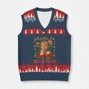 67 Six Seven Xmas Meme V-Neck Knit Sweater Vest Funny Family Xmas Movie TS14 Navy Red Print Your Wear