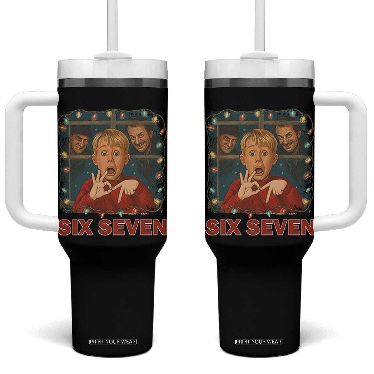 67 Six Seven Christmas Meme Tumbler With Handle Funny Family Xmas Movie - Print Your Wear