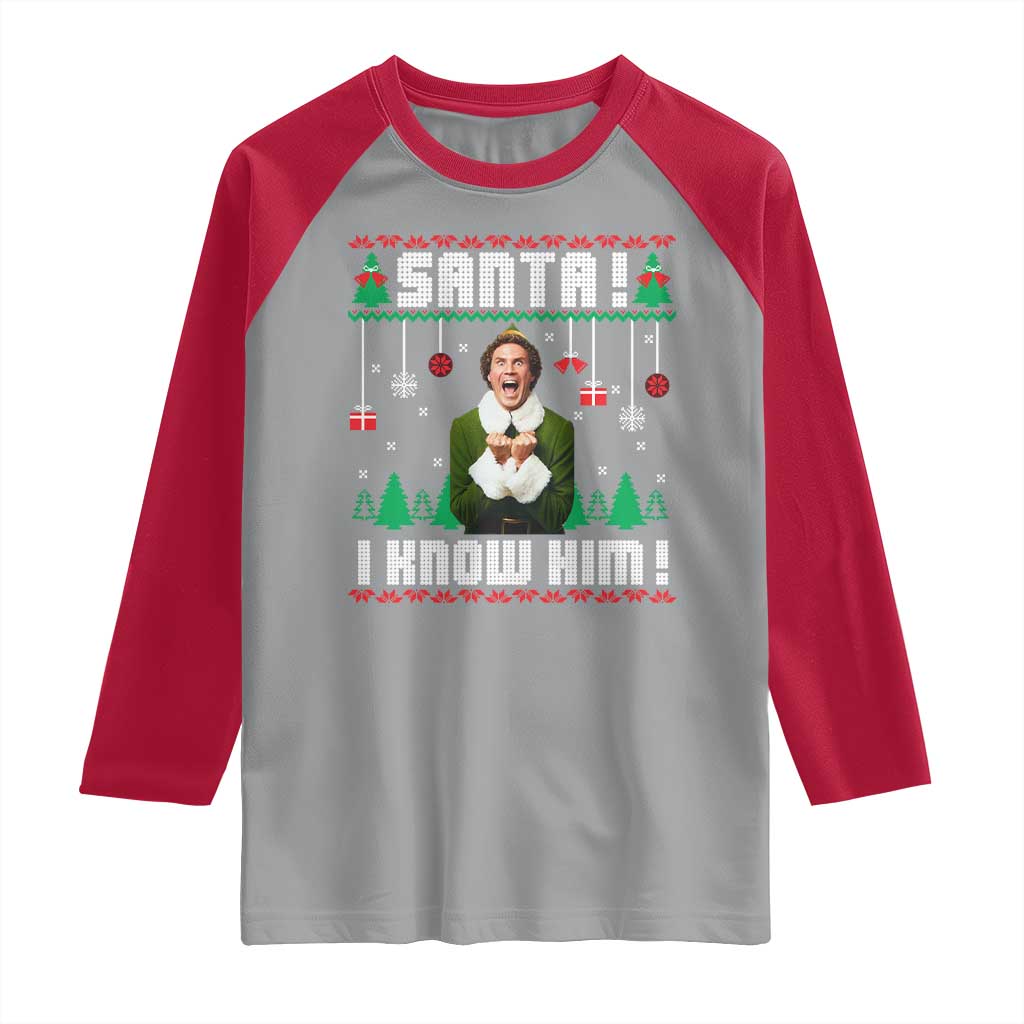 Santa I Know Him Raglan Shirt Funny Elf Christmas TS14 Sport Gray Red Print Your Wear