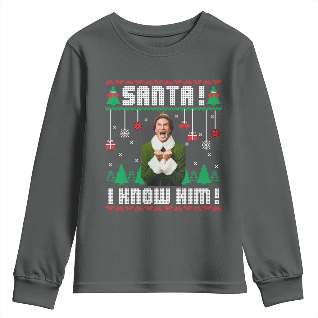 Santa I Know Him Youth Sweatshirt Funny Elf Christmas TS14 Dark Heather Print Your Wear