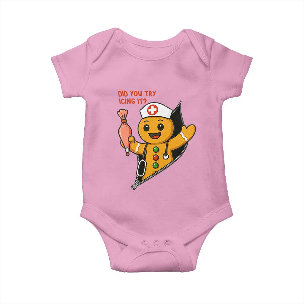 Funny ICU Nurse Christmas Baby Onesie Gingerbread Did You Try Icing It TS14 Light Pink Print Your Wear