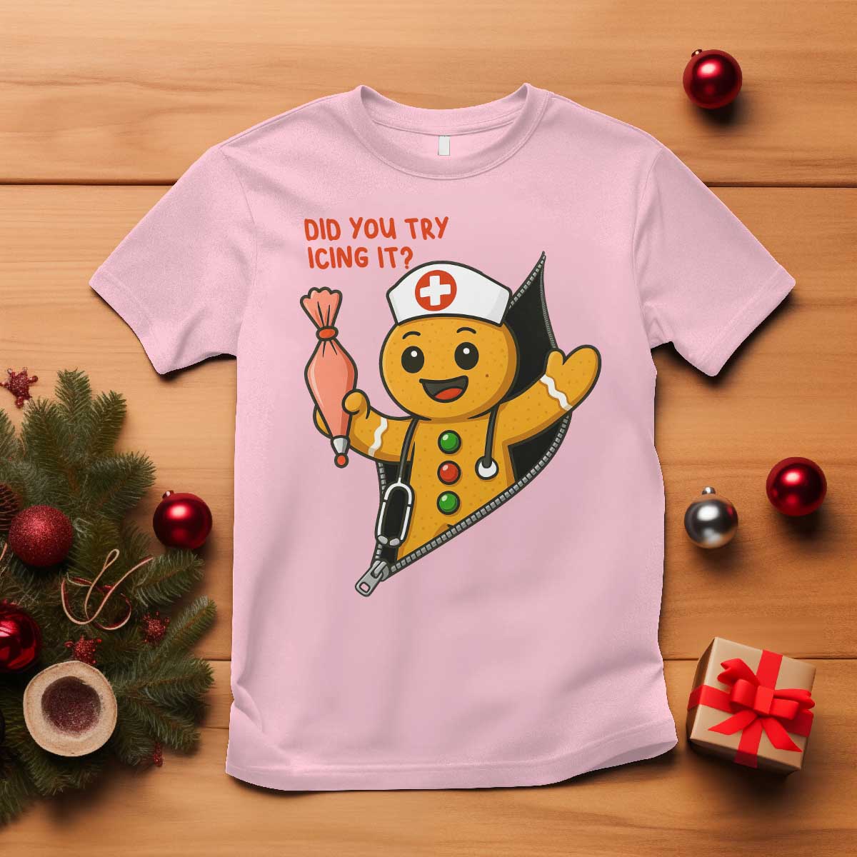 Funny ICU Nurse Christmas T Shirt Gingerbread Did You Try Icing It TS14 Light Pink Print Your Wear