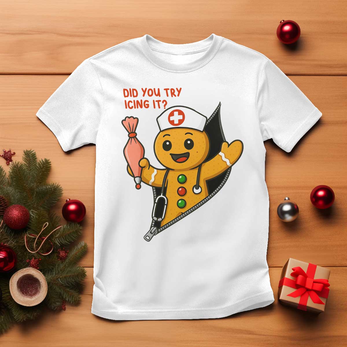 Funny ICU Nurse Christmas T Shirt Gingerbread Did You Try Icing It TS14 White Print Your Wear
