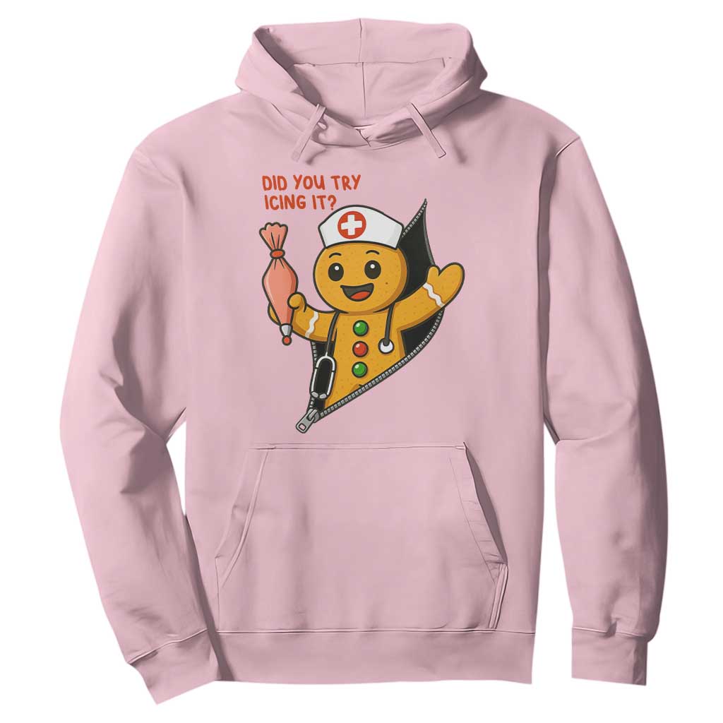 Funny ICU Nurse Christmas Hoodie Gingerbread Did You Try Icing It TS14 Light Pink Print Your Wear