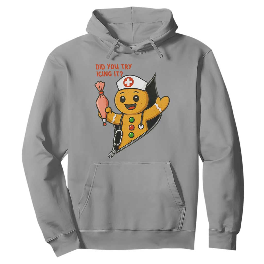 Funny ICU Nurse Christmas Hoodie Gingerbread Did You Try Icing It TS14 Sport Gray Print Your Wear