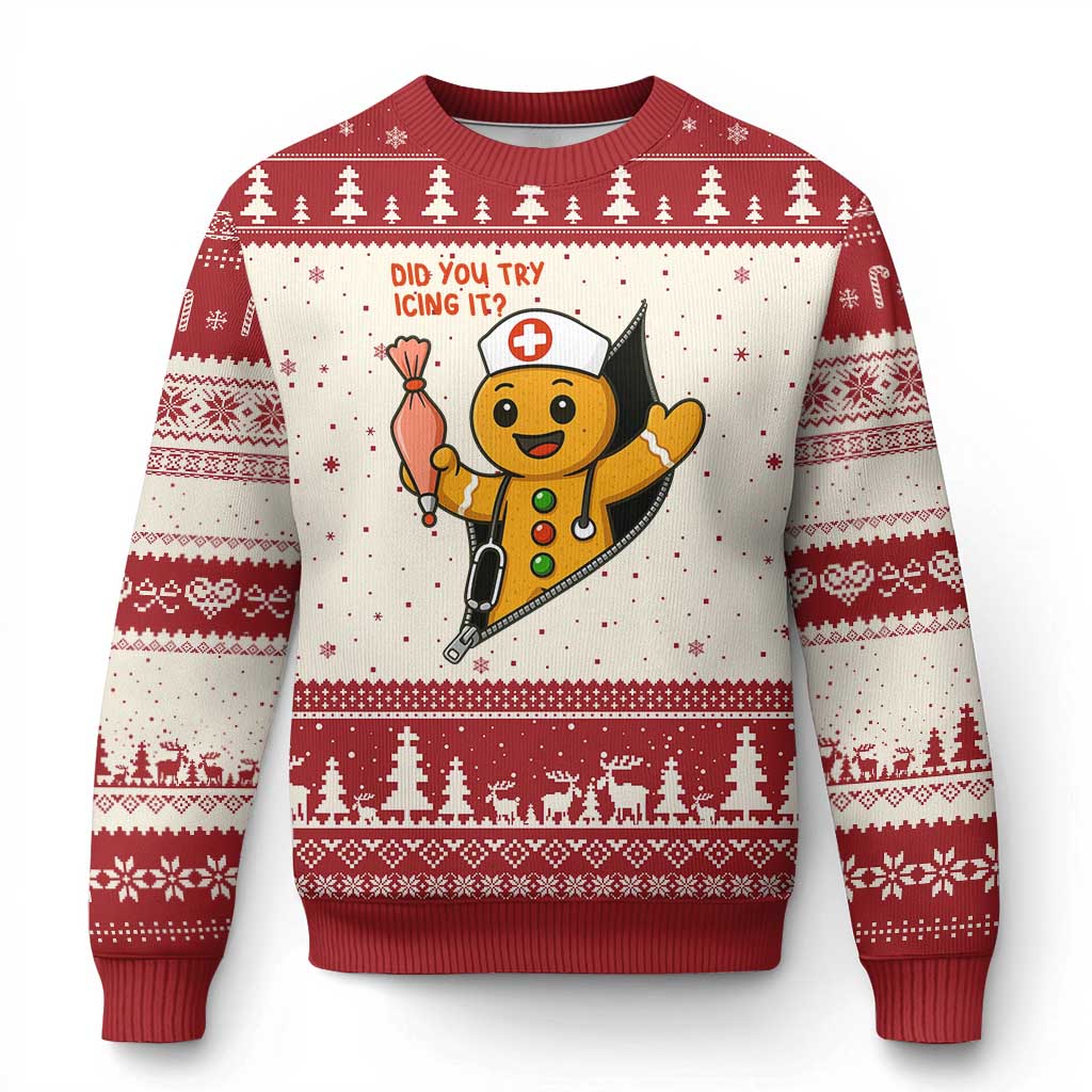 Funny ICU Nurse Xmas Ugly Christmas Sweater Gingerbread Did You Try Icing It TS14 Beige Red Print Your Wear