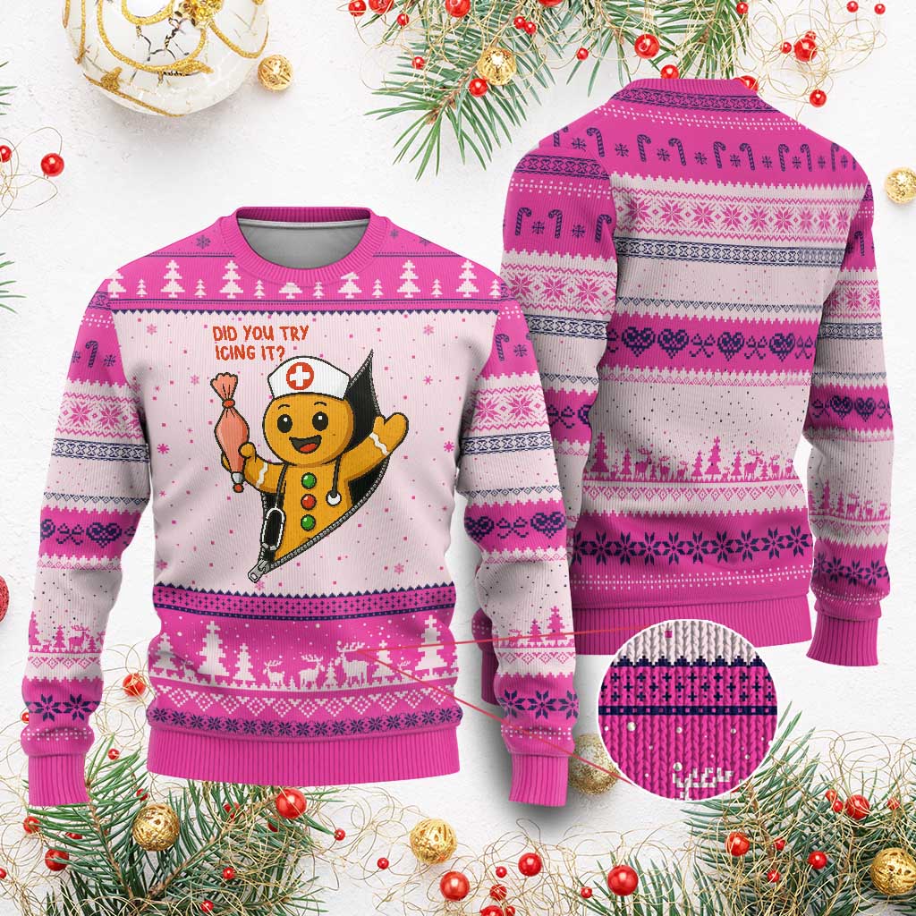 Funny ICU Nurse Xmas Ugly Christmas Sweater Gingerbread Did You Try Icing It TS14 Hot Pink Print Your Wear