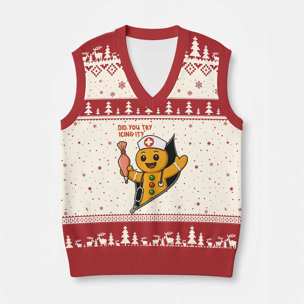Funny ICU Nurse Xmas V-Neck Knit Sweater Vest Gingerbread Did You Try Icing It TS14 Beige Red Print Your Wear
